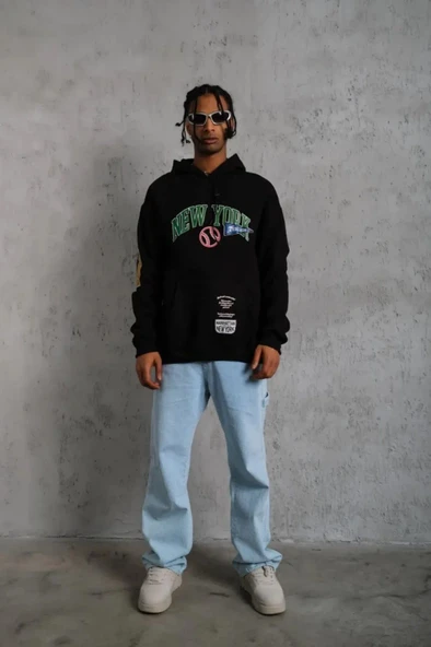 Erkek Baskılı Kapüşonlu Sweatshirt - Siyah - Resim 2