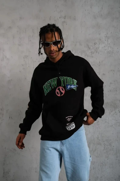 Erkek Baskılı Kapüşonlu Sweatshirt - Siyah - Resim 3