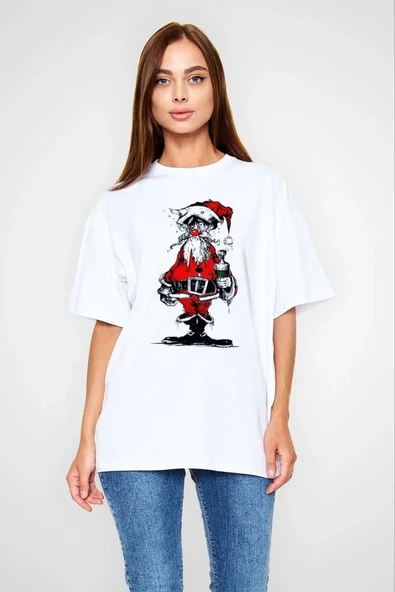 kadın  Bisiklet Yaka Baskılı Oversize T-Shirt - Beyaz 8381192 ürün görseli 1