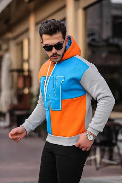 Erkek W Nakış İşlemeli Kapüşonlu Sweatshirt - Mavi ürün görseli 1
