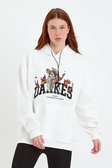 Kadın DANKES Baskılı Kapüşonlu Sweat - Beyaz ürün görseli 1