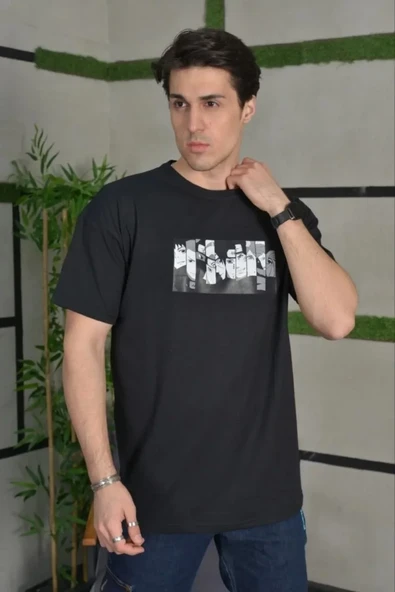 ERKEK Bisiklet Yaka Baskılı Oversize T-Shirt - Siyah 8380637 ürün görseli 1