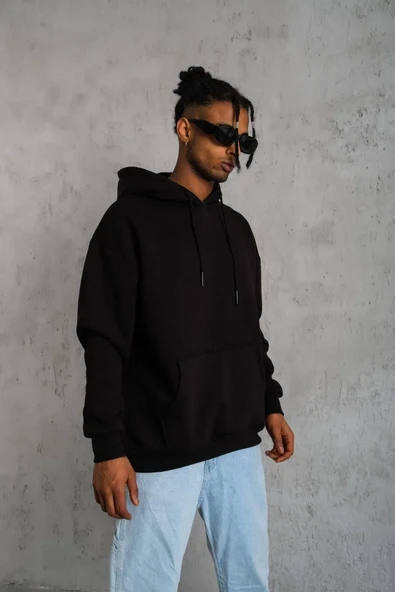 Erkek Düz Kapüşonlu Sweat - Siyah - Resim 2