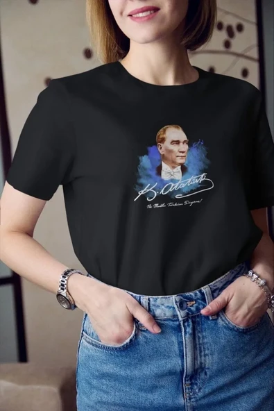 Kadın Bisiklet Yaka ATATÜRK Baskılı Oversize T-Shirt - Siyah ürün görseli 1