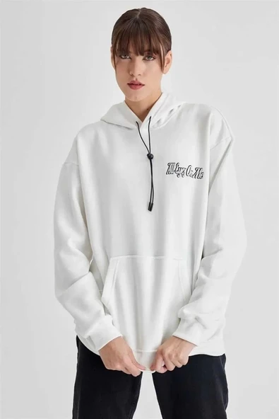 Kadın Kapüşonlu Sırt Baskılı Üç İplik Oversize Sweatshirt - Beyaz ürün görseli 1