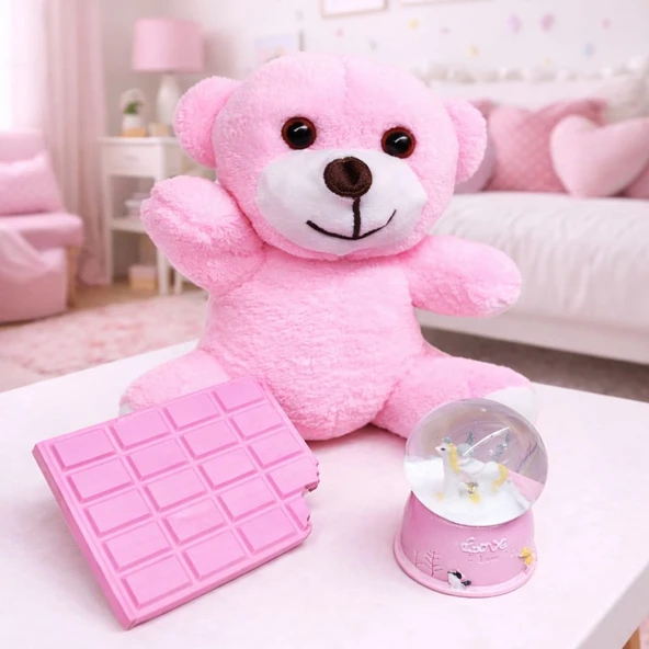 Pembe Peluş Ayıcık Kar Küresi Ve Pembe Çikolata Not Defteri ürün görseli 1