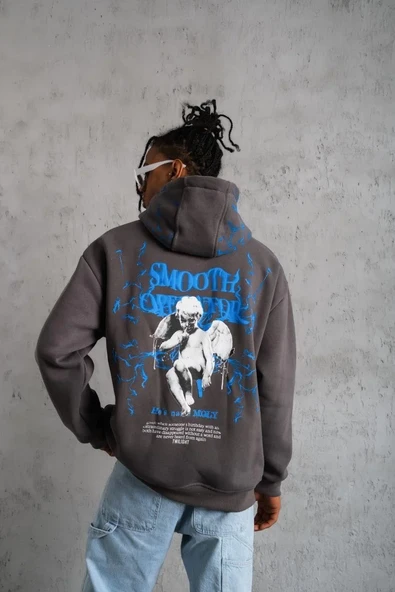 Erkek Yıldırım Baskılı Kapşonlu Sweatshirt - Gri ürün görseli 1