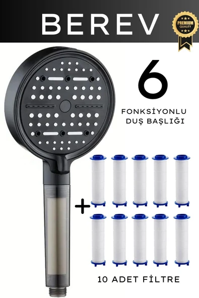 6 Fonksiyonlu Filtreli Duş Başlığı 10 Adet Yedek Filtre Su Tasarruflu Basınçlı Kireç Klor Önleyici ürün görseli 1