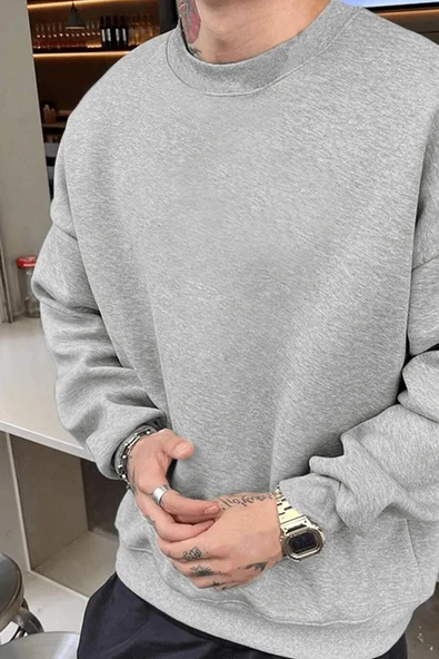 Erkek Düz Bisiklet Yaka Sweat - Gri ürün görseli 1
