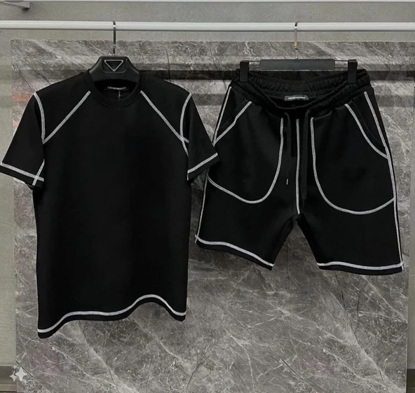 Unisex Karoyaka Dikişli Şortlu Takım - Siyah ürün görseli 1