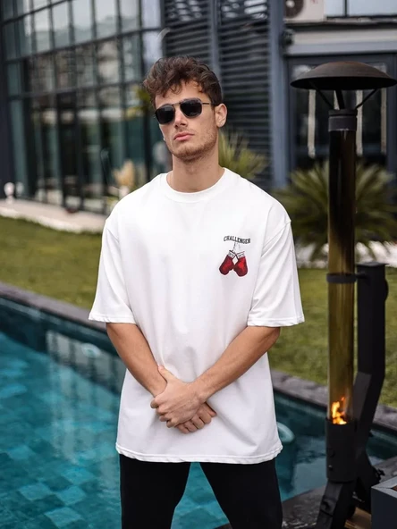 Erkek Bisiklet Yaka Baskılı Oversize T-Shirt - Beyaz 8380871 ürün görseli 1