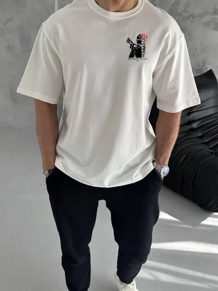 Unisex Bisiklet Yaka Baskılı Oversize T-Shirt - Beyaz ürün görseli 1