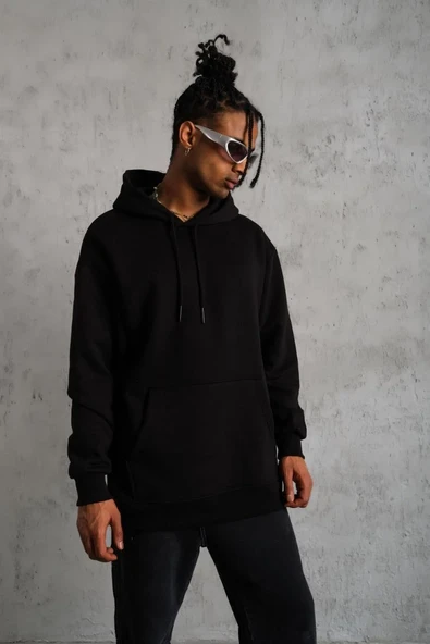 Erkek Düz Kapüşonlu Sweat - Siyah - Resim 4