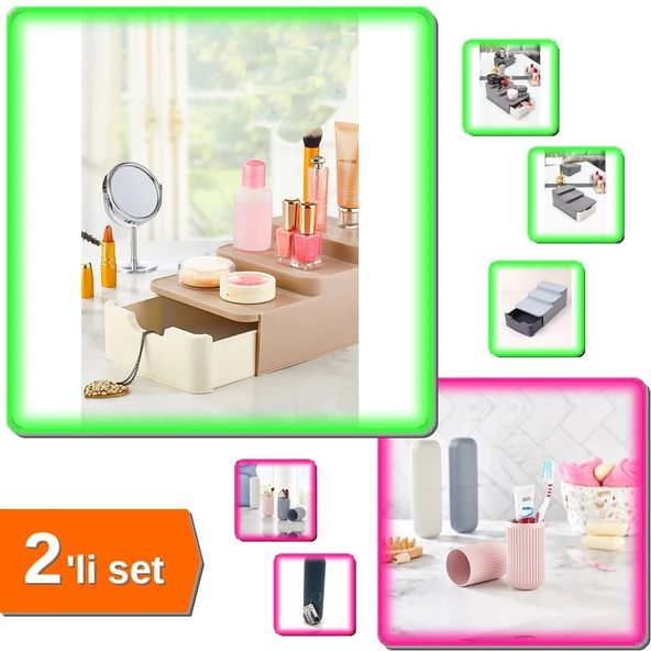 Compact Çekmeceli ve Standlı Düzenleyici + Çanta İçi Diş Fırçası Makyaj Kutusu - 2li Set E4J1S4 ürün görseli 1