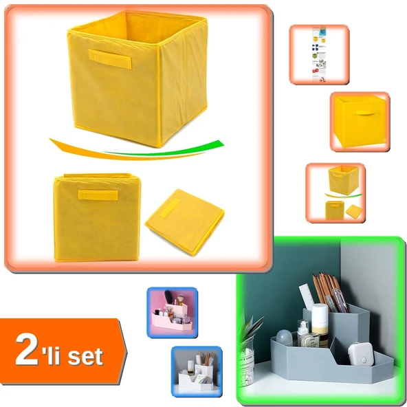 Sarı Çok Amaçlı Sarı Düzenleyici Kutu + Masaüstü Köşe Düzenleyici Makyaj Organizer - 2li Set F3K1V4 ürün görseli 1