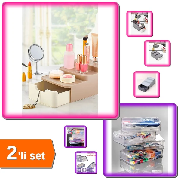 Dolap Organizer Kutusu + Makyaj Düzenleyici Seti - 2 Parça Pratik Saklama Çözümü Q8F4ZP ürün görseli 1