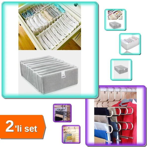 Akordiyon Çekmece Çorap Düzenleyici 8 Gözlü L Beden + Pantolon Askısı 5 Katlı - 2li Set Z2G2L9 ürün görseli 1