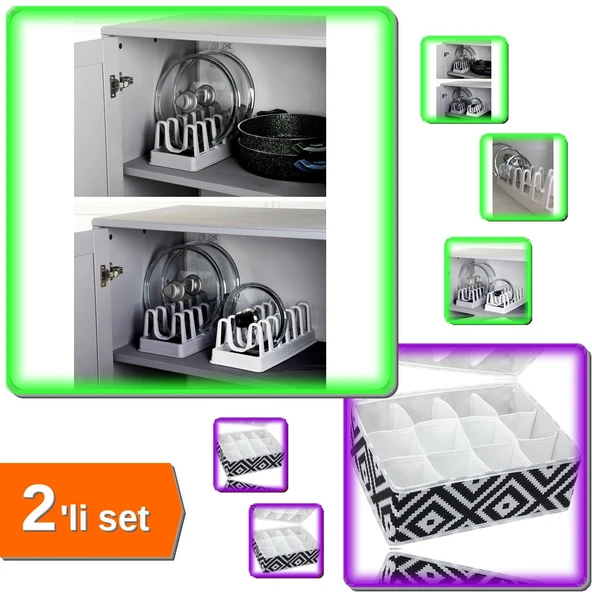 6 Bölmeli Tencere Kapak Rafı + 12 Bölmeli Mozaik Desen Çekmece Düzenleyici Organizer - 2li Set U5T3W ürün görseli 1