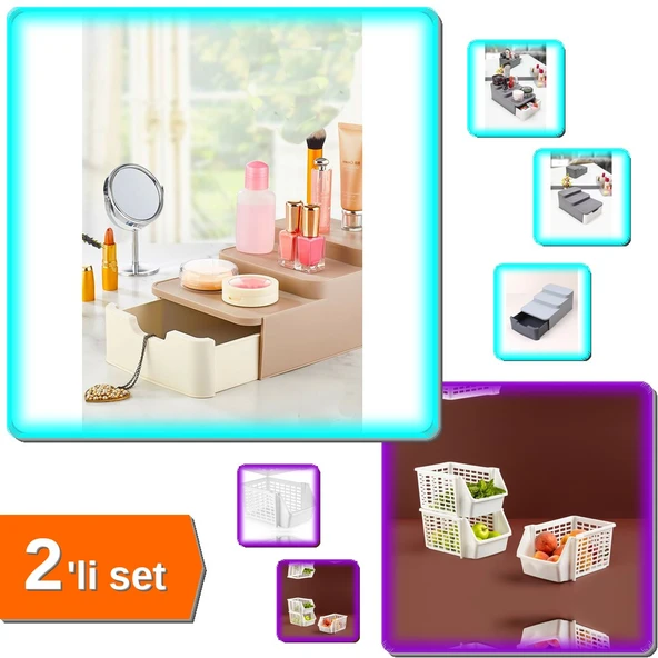 Compact Çekmeceli Standlı Makyaj Organizeri + Katlı Düzenleyici - Kat Kat Düzenleyici - 2li Set P6T6 ürün görseli 1