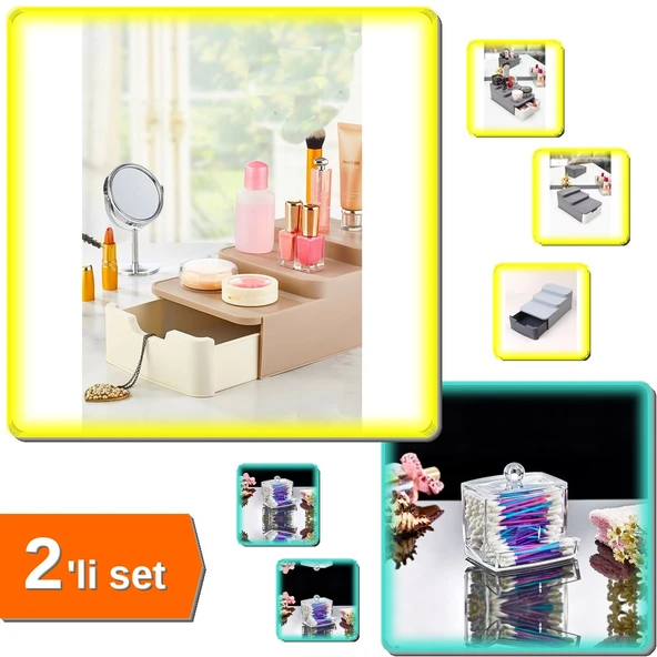 Compact Çekmeceli ve Standlı Makyaj Organizeri + Kulak Çubuğu Organizeri - 2li Set Q5P4G0 ürün görseli 1