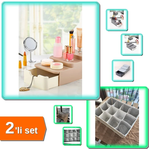 Makyaj ve Aksesuar Düzenleyici + 12 Bölmeli Çekmeceli Organizer 2’li Set – L7V2M8 ürün görseli 1