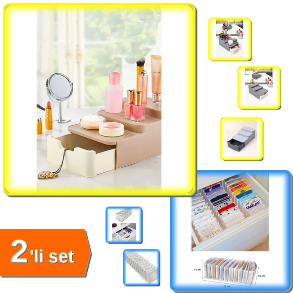 Compact Çekmeceli ve Standlı Makyaj Düzenleyici + 11 Gözlü Akordiyon Çekmece Organizer - 2li Set P3C ürün görseli 1