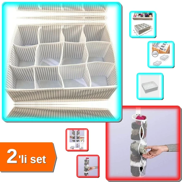 12 Bölmeli Pratik Çekmece Düzenleyici + Dolap İçi Asılabilir Çorap Düzenleyici - 2li Set F6Y0R4 ürün görseli 1