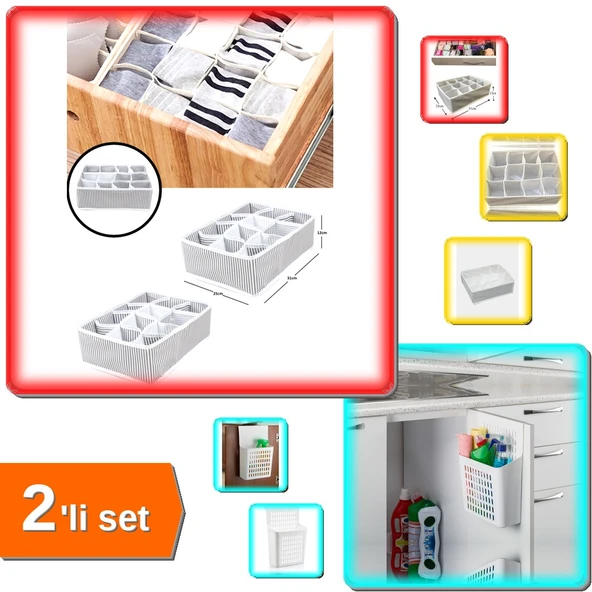 12 Bölmeli Çamaşır Kravat Çorap Çekmece Organizer + Dolap Kapağına Asılabilen Sepet - 2li Set N7Z5J1 ürün görseli 1