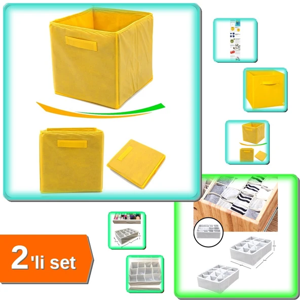 Sarı Çok Amaçlı Dolap İçi Düzenleyici Kutu + 12 Bölmeli Pratik Çekmece Düzenleyici - 2li Set J2E4K8 ürün görseli 1
