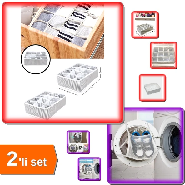 Pratik 12 Bölmeli Çekmece Düzenleyici + Ayakkabı Yıkama Filesi - Kapak Bağlamalı - 2li Set X3N0R8 ürün görseli 1