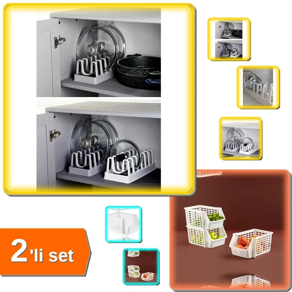 6 Bölmeli Tencere Kapak Rafı Organizeri + Katlı Düzenleyici - Kat Kat Düzenleyici - 2li Set W3A6P1 ürün görseli 1