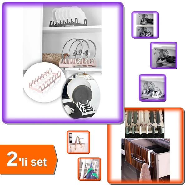 Tencere Kapağı Organizeri 6 Bölmeli Kapak Rafı + 6 Adet Çekmece Havlupan Askısı - 2li Set D7R3G4 ürün görseli 1