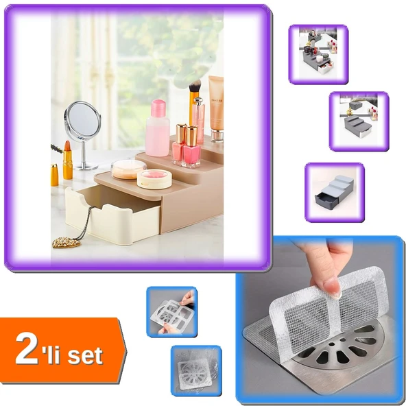 Compact Çekmeceli Standlı Makyaj Organizeri + 10 Adet Yapışkanlı Banyo Gider Koruyucu - 2li Set E2Y9 ürün görseli 1