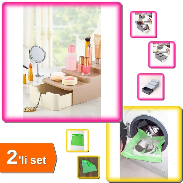 Compact Çekmeceli Standlı Makyaj Düzenleyici + Yeşil Fermuarlı Ayakkabı Çamaşır Filesi - 2li Set B9H ürün görseli 1
