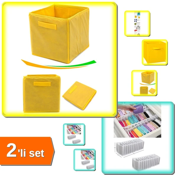 Sarı Çok Amaçlı Dolap İçi Düzenleyici Kutu + 10 Gözlü M Beden Akordiyon Organizer - 2li Set J2B5J3 ürün görseli 1