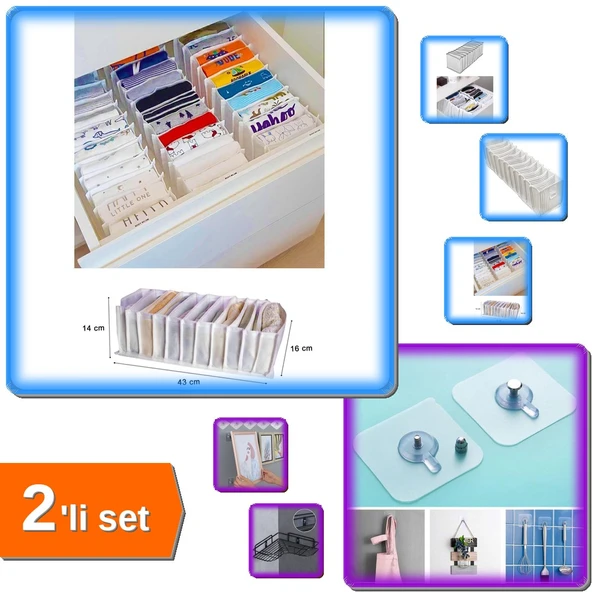 11 Gözlü Akordiyon Çekmece Düzenleyici + 3 Adet Yapışkanlı Mutfak Banyo Askı - 2li Set X4G4L2 ürün görseli 1