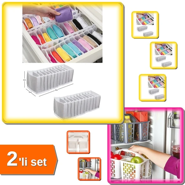 10 Gözlü M Beden Akordiyon Çekmece Düzenleyici + Gri Buzdolabı Düzenleyici Sepet - 2li Set J9D3M8 ürün görseli 1