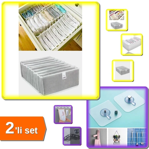 8 Gözlü Akordiyon Çekmece Düzenleyici + 3 Adet Yapışkanlı Mutfak Banyo Askısı - 2li Set M2S5S8 ürün görseli 1