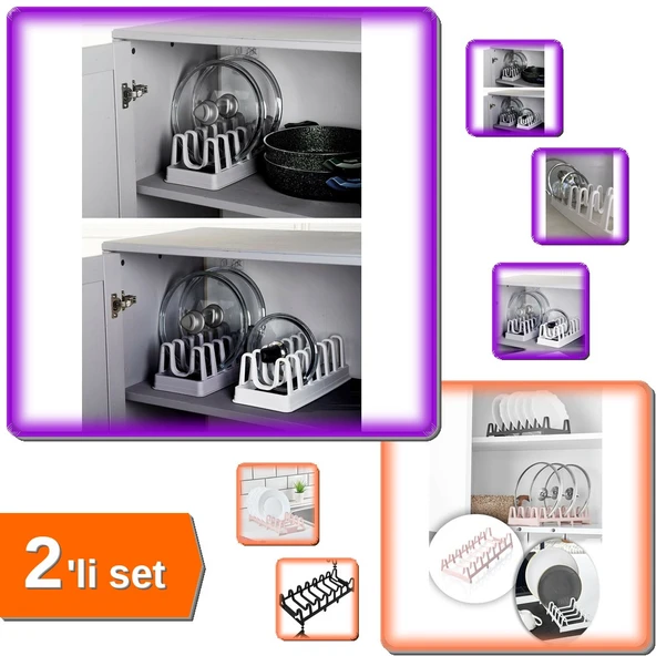 6 Bölmeli Tencere Kapak Rafı + 7 Bölmeli Tencere Kapağı Tabaklık Organizeri - 2li Pratik Set M6P9T ürün görseli 1