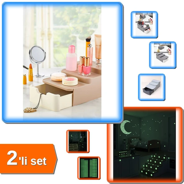 Compact Çekmeceli Standlı Makyaj Organizeri + Fosforlu Etiket Işık Veren Yıldız Tozu - 2li Set B7R0B ürün görseli 1