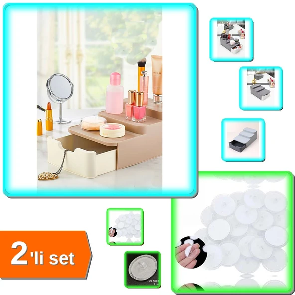 Compact Çekmeceli Standlı Düzenleyici + 20 Adet Şeffaf Yuvarlak 3 Cm Çaplı Yapışkanlar - 2li Set Q5S ürün görseli 1