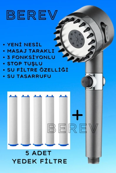 Masajlı 3 Fonksiyonlu Su Tasarruflu Filtreli Turbo Jet Duş Başlığı Siyah 5 Adet Filtre ürün görseli 1