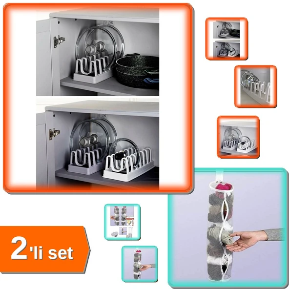 6 Bölmeli Tencere Kapak Organizeri + Dolap İçi Asılabilir Temiz Çorap Filesi Askılık - 2li Set L4D4P ürün görseli 1