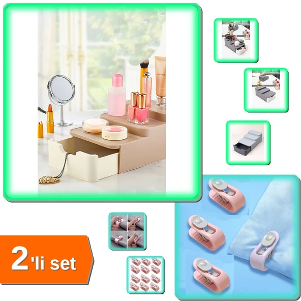 Compact Çekmeceli Standlı Makyaj Organizeri + 12 Adet Mandallı Yorgan Kılıfı Klips - 2li Set W5L1J6 ürün görseli 1