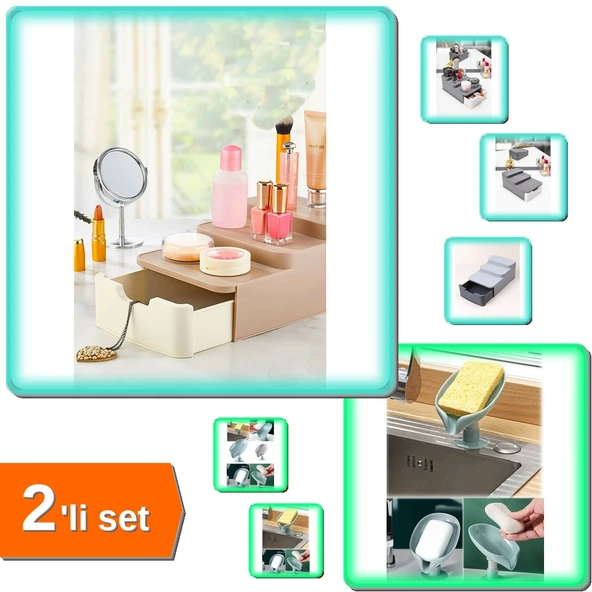 Compact Çekmeceli Standlı Makyaj Organizeri + Vantuzlu Su Giderli Sabunluk Süngerlik - 2li Set Q0Q7R ürün görseli 1