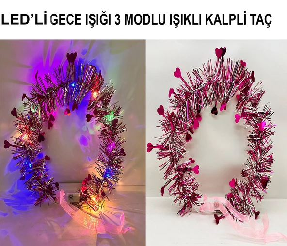 Kalp Püsküllü 3 Modlu LED Işıklı Taç Fuşya Renk ürün görseli 1