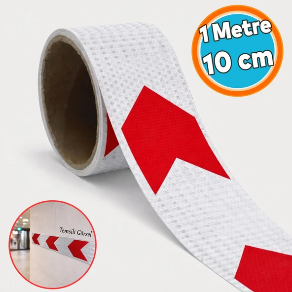 (1 Metre) Kırmızı Beyaz Petekli Ok Yönlendirme Reflektörlü Reflektif Yapışkanlı En 10 cm Şerit Bant ürün görseli 1