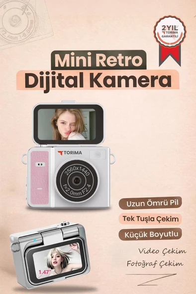 Mini Dijital Kamera 2K Flip Ekranlı Selfie Video Vlog Kamerası CMR46 Pembe ürün görseli 1