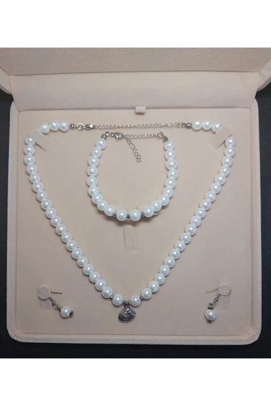 İnci Kolye Bileklik Küpe  Set, Paslanmaz Çelik İstiridye Uçlu, Gümüş Rengi ürün görseli 1