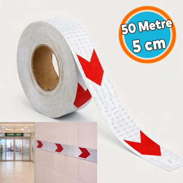 Kırmızı Beyaz (50 Metre ) Petekli Ok Yönlendirme Reflektörlü Reflektif Yapışkanlı En 5 cm Şerit Bant ürün görseli 1